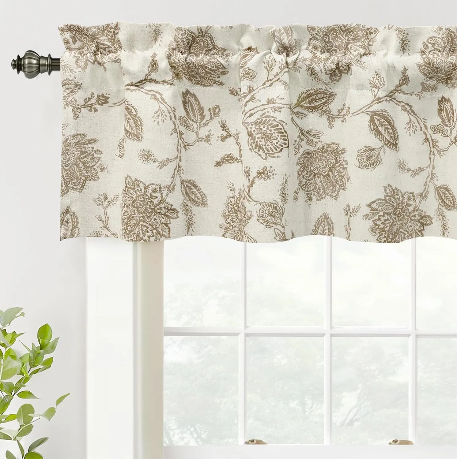 DriftAway Freda Jacobean Floral Linen Blend Blackout Thermal Insulated Energy Saving Privacy Window Linen Curtain Valance Rod Pocket 2 Layers Single 52 Inch by 14 Inch Plus 2 Inch Header Taupe