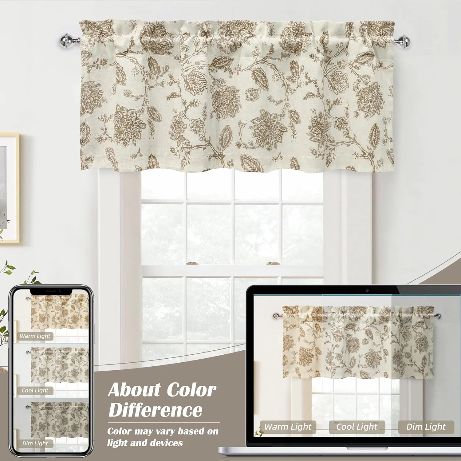 DriftAway Freda Jacobean Floral Linen Blend Blackout Thermal Insulated Energy Saving Privacy Window Linen Curtain Valance Rod Pocket 2 Layers Single 52 Inch by 14 Inch Plus 2 Inch Header Taupe