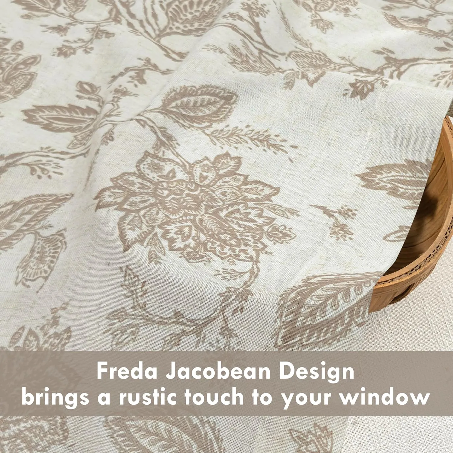 DriftAway Freda Jacobean Floral Linen Blend Blackout Thermal Insulated Energy Saving Privacy Window Linen Curtain Valance Rod Pocket 2 Layers Single 52 Inch by 14 Inch Plus 2 Inch Header Taupe