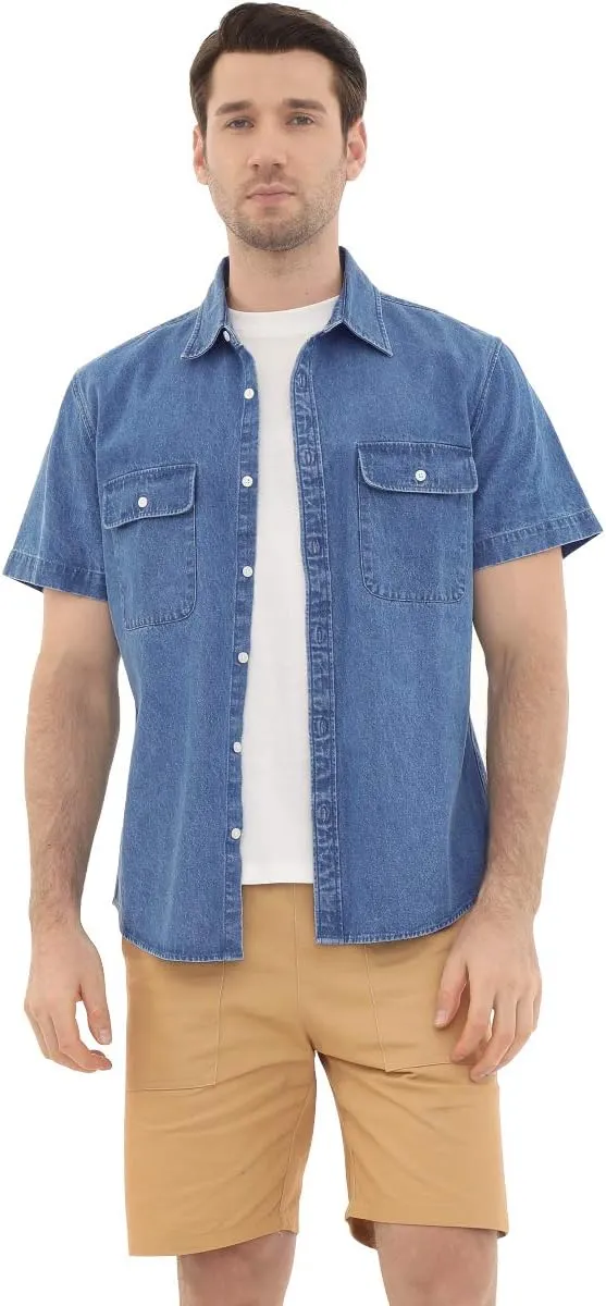 Dubinik®Mens Short Sleeve Button Down Shirts Denim Short Sleeve Shirt Men Two Pocket Western Soft Work Casual Denim Shirt