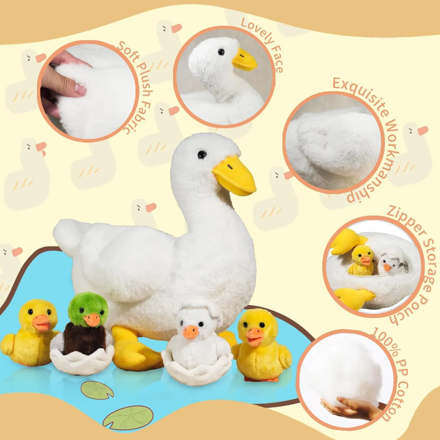 Duck Stuffed Animal, 7 in 1 Mommy Stuffed White Duck Plush Toy with Baby Ducklings and Eggs in Zippered Belly, Quack Stuffed Plushies Pillow for Kids Easter Stuffers Birthday Farm Party Decor
