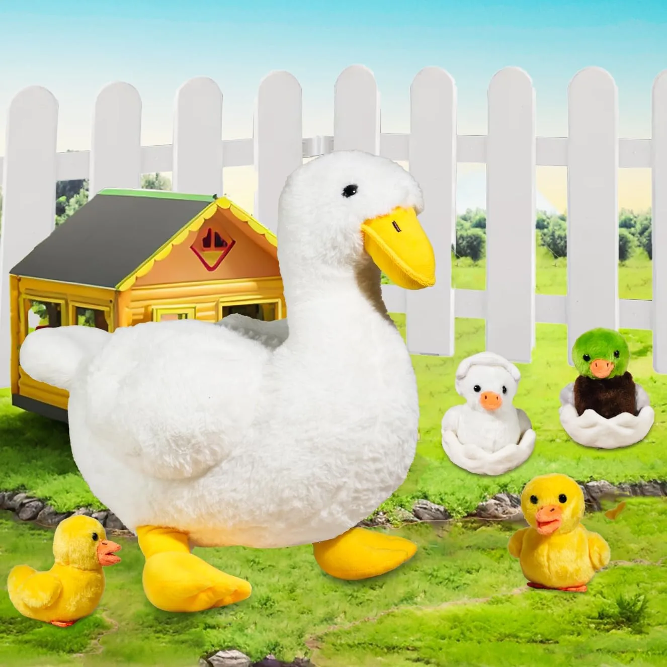 Duck Stuffed Animal, 7 in 1 Mommy Stuffed White Duck Plush Toy with Baby Ducklings and Eggs in Zippered Belly, Quack Stuffed Plushies Pillow for Kids Easter Stuffers Birthday Farm Party Decor