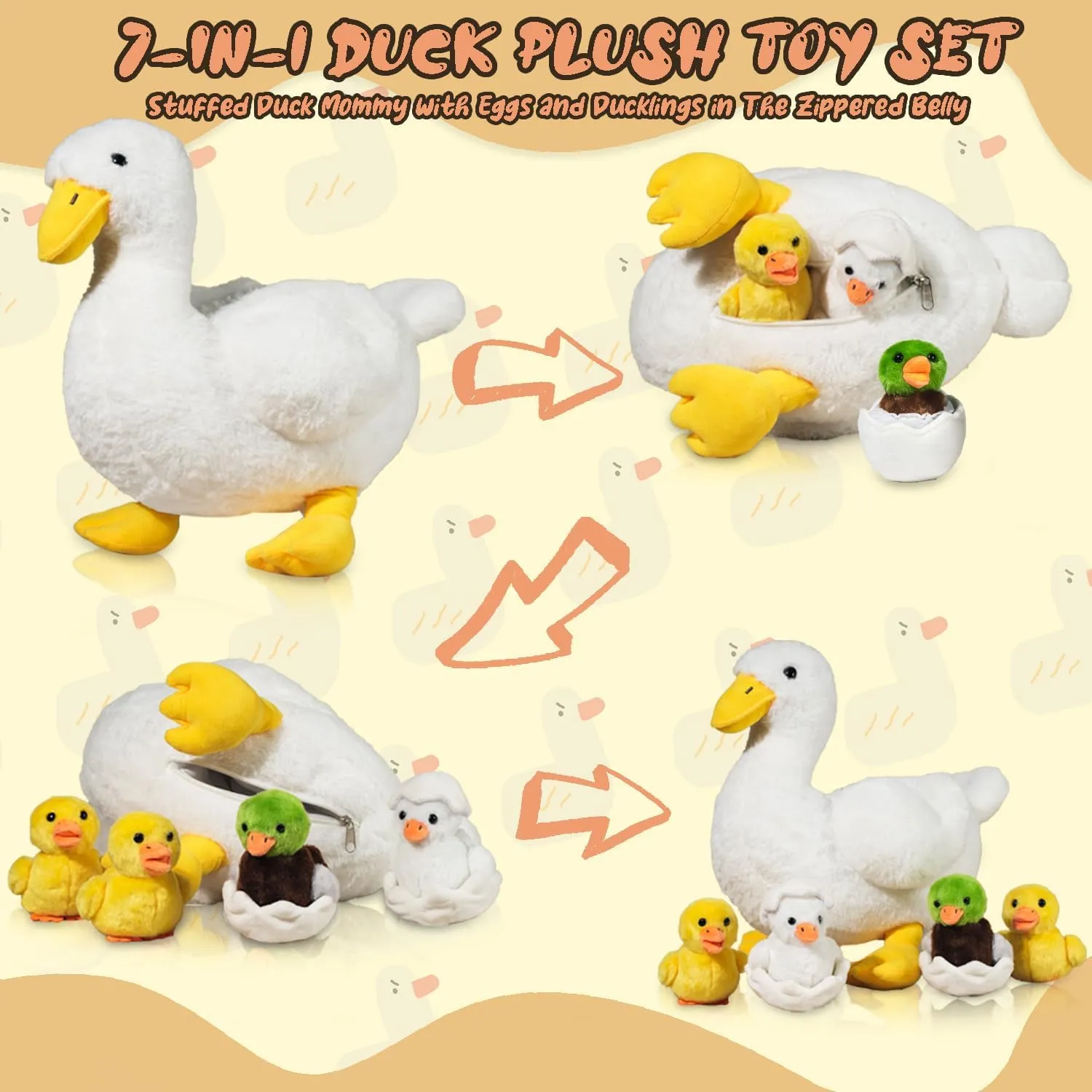 Duck Stuffed Animal, 7 in 1 Mommy Stuffed White Duck Plush Toy with Baby Ducklings and Eggs in Zippered Belly, Quack Stuffed Plushies Pillow for Kids Easter Stuffers Birthday Farm Party Decor