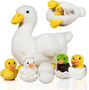 Duck Stuffed Animal, 7 in 1 Mommy Stuffed White Duck Plush Toy with Baby Ducklings and Eggs in Zippered Belly, Quack Stuffed Plushies Pillow for Kids Easter Stuffers Birthday Farm Party Decor