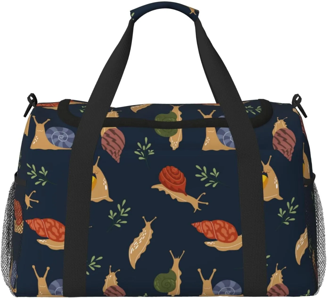 Duffle Bag for Travel, Snail Leaf Print Black Weekender Overnight Duffel Bag, Carry On Bag Gym Bag for Women Men, Personal Item Travel Bag
