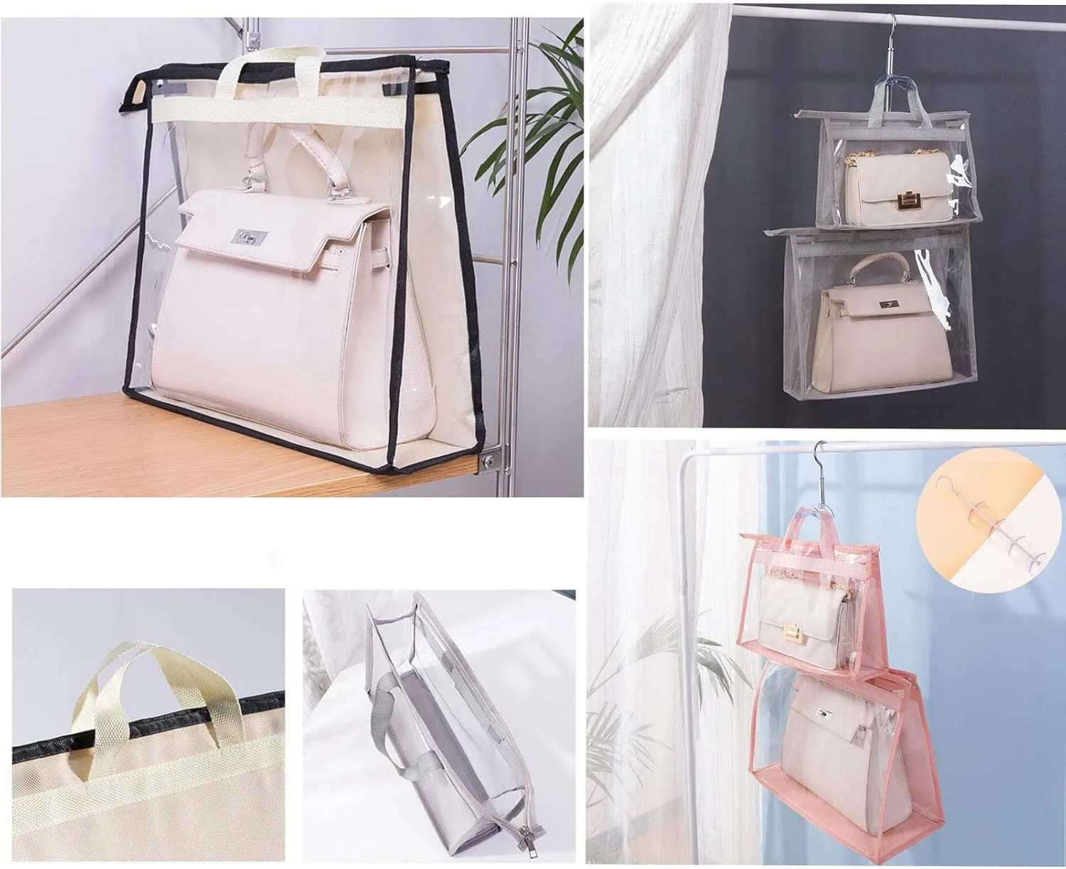 Dust Bags for Handbags - Purse Storage Organizer for Closet Moistureproof and Dustproof Cover Hanging with Zipper and Handle (Black-S)
