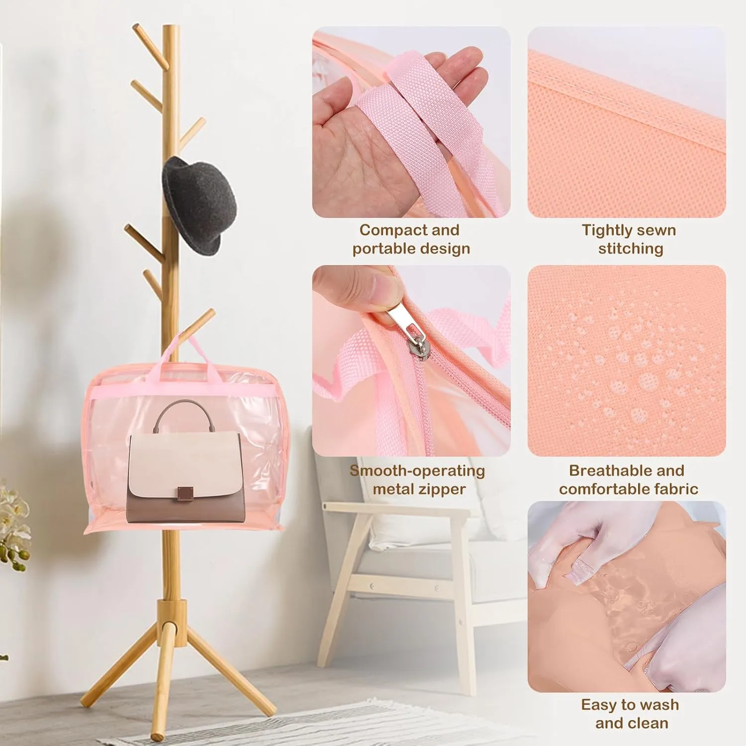 Dust Bags for Handbags - Purse Storage Organizer for Closet Moistureproof and Dustproof Cover Hanging with Zipper and Handle (Shell Pink-XL)