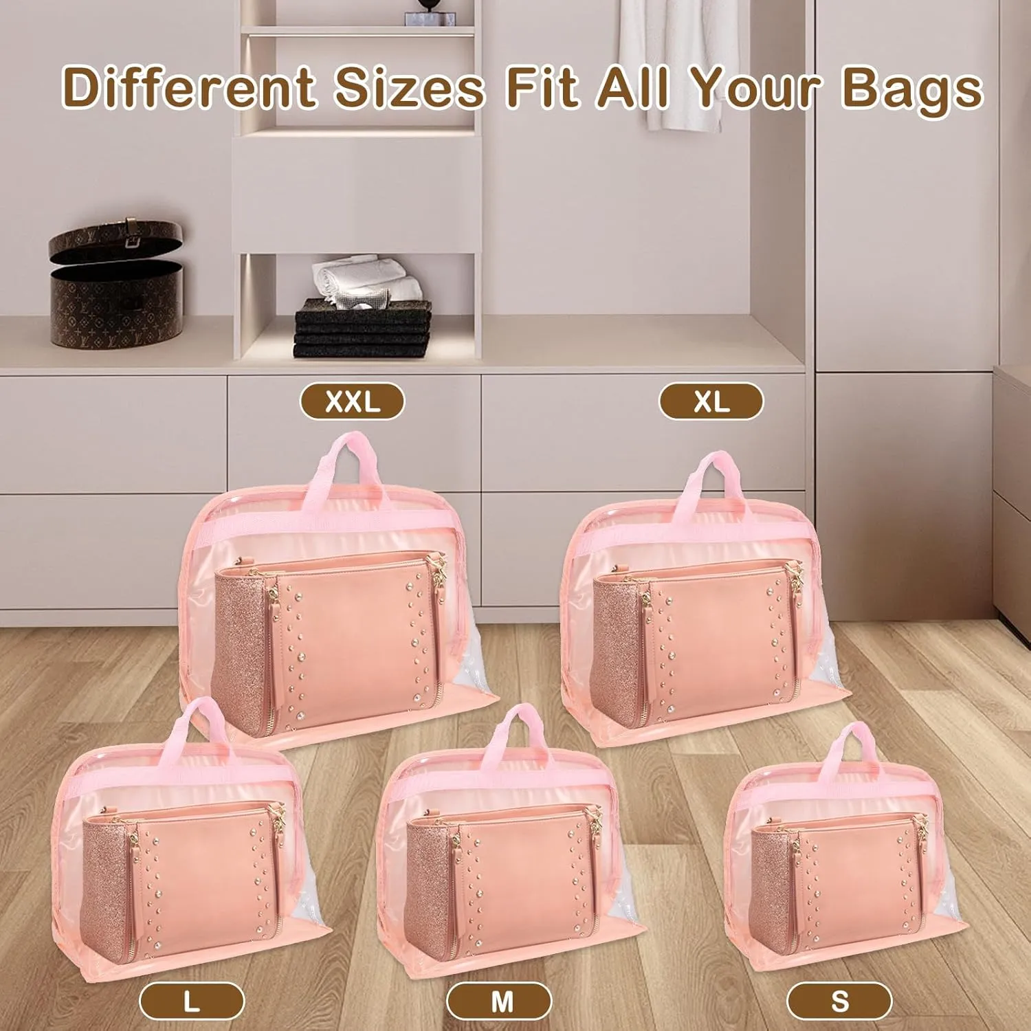 Dust Bags for Handbags - Purse Storage Organizer for Closet Moistureproof and Dustproof Cover Hanging with Zipper and Handle (Shell Pink-XL)