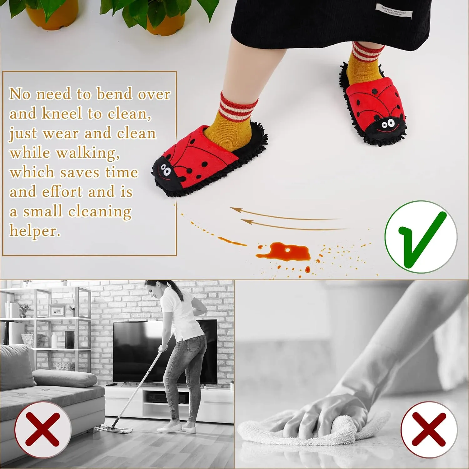 Dust Cleaning Mop Slippers Microfiber Mopping Shoes for Men Women (Women 6-7/Men 5, Ladybug)