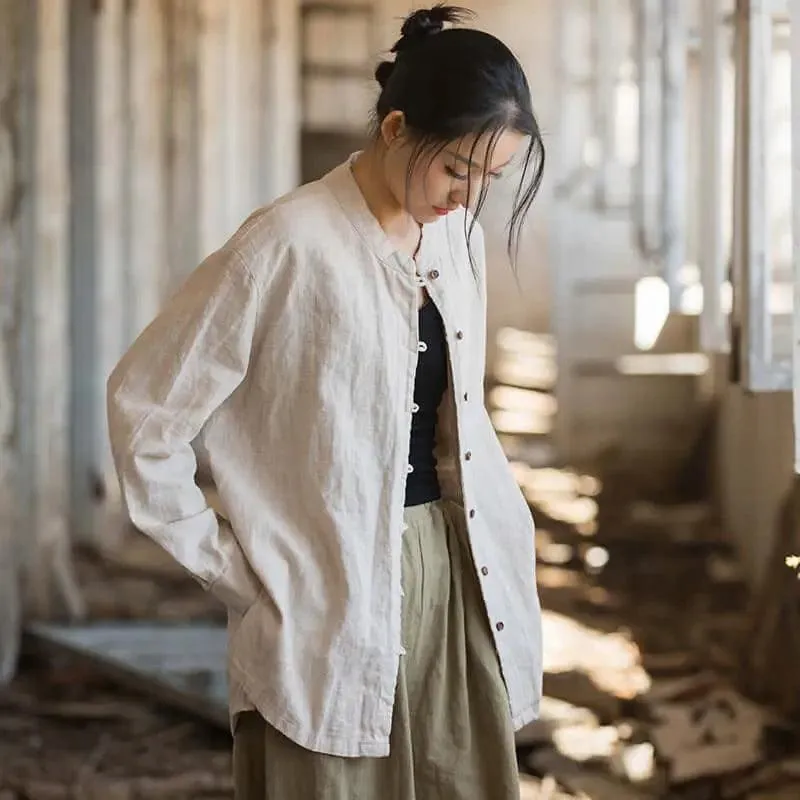 Elegant White Linen Blouse with Long Sleeves
