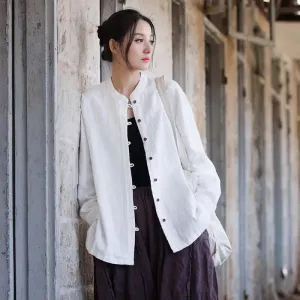 Elegant White Linen Blouse with Long Sleeves