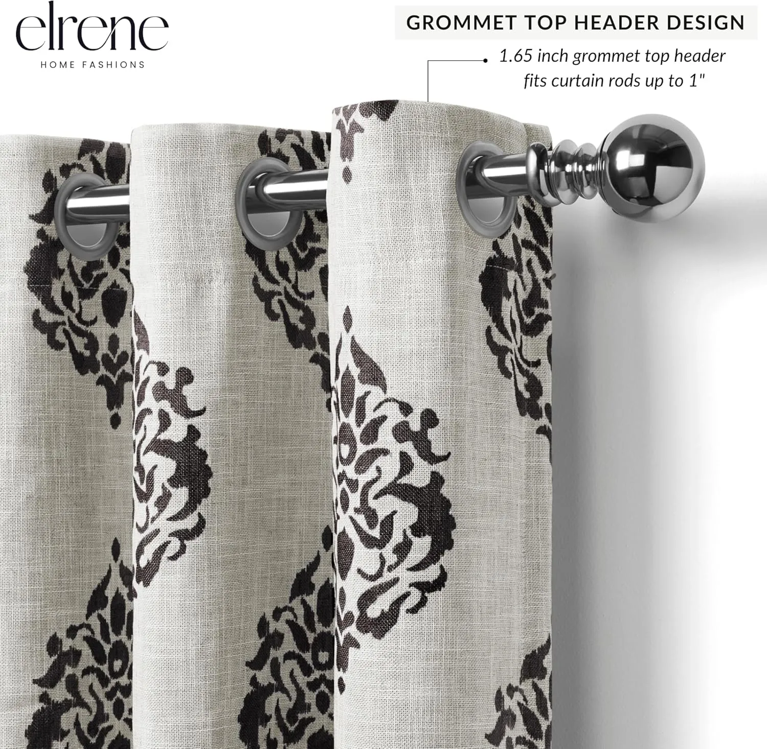 Elrene Home Fashions Navara Medallion Room-Darkening Window Curtain, Single Panel, 52" x 95" (1 Panel), Black