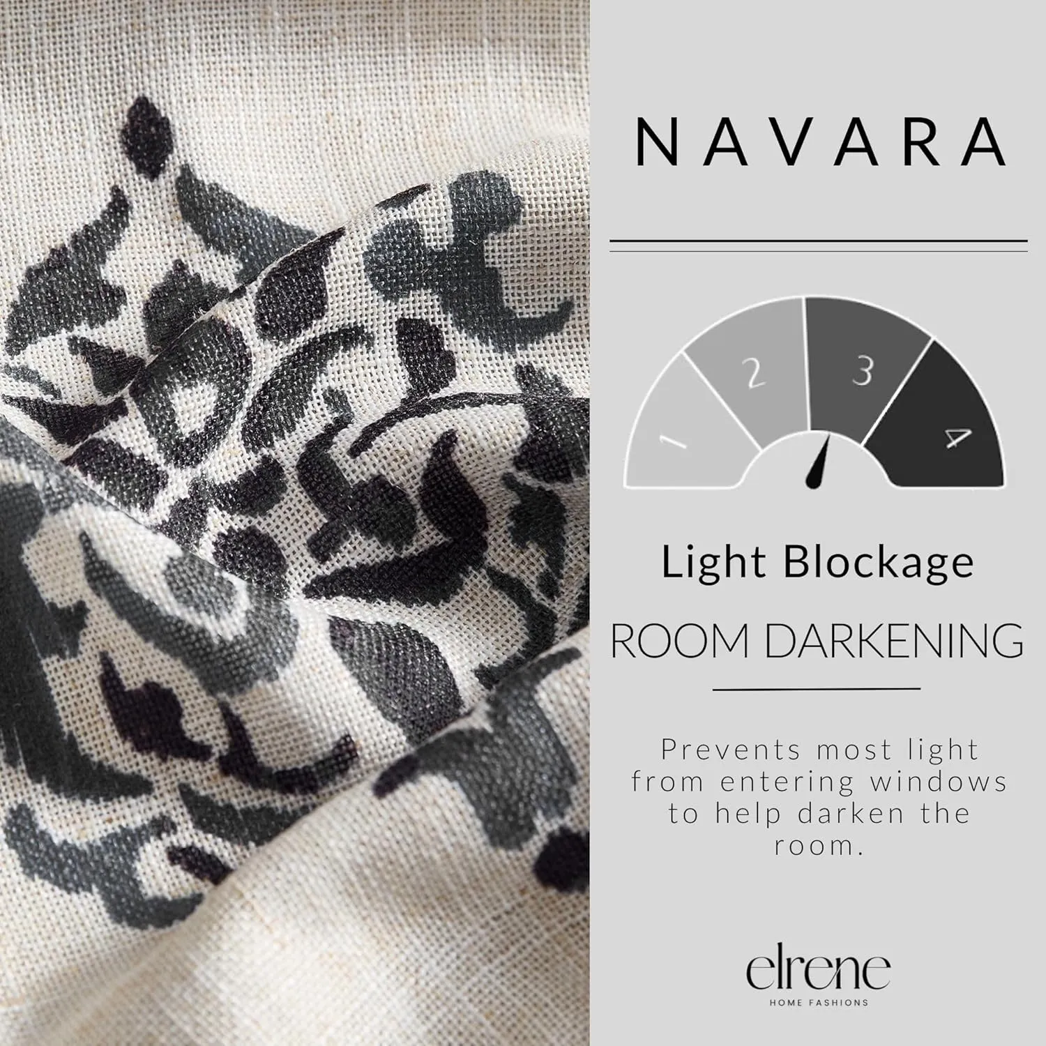 Elrene Home Fashions Navara Medallion Room-Darkening Window Curtain, Single Panel, 52" x 95" (1 Panel), Black