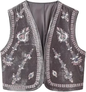Embroidered Floral Velvet Vest for Women Vintage Sleeveless Open Front Crop Cardigan Boho Style Waistcoat Jackets