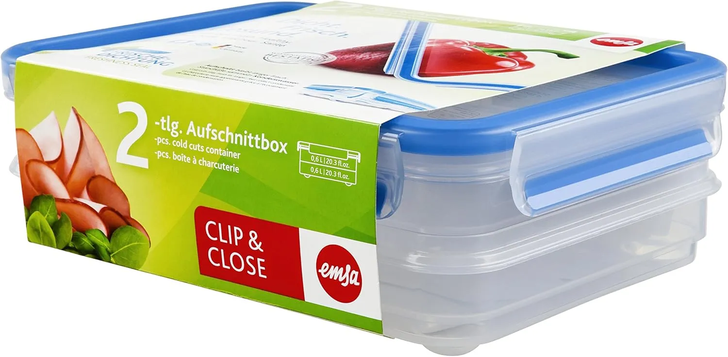 Emsa Food Container "Clip & Close" 2 x 20.28 lb oz, Transparent/Blue