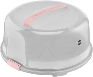 Emsa Prep&Bake K3268434 Round Cake Storage Box, 34 cm Diameter, Carry Handle, Cutter, Transparent & Pink