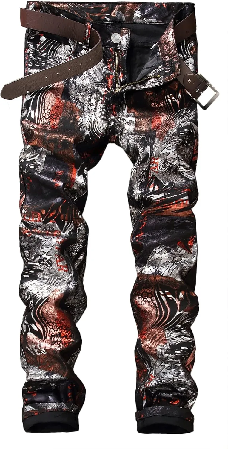 Enrica Men's Casual Printed Jeans Skinny Denim Pants