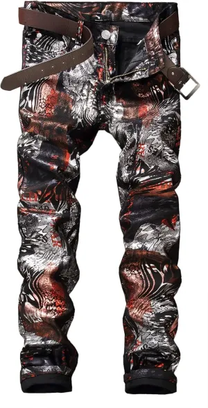 Enrica Men's Casual Printed Jeans Skinny Denim Pants