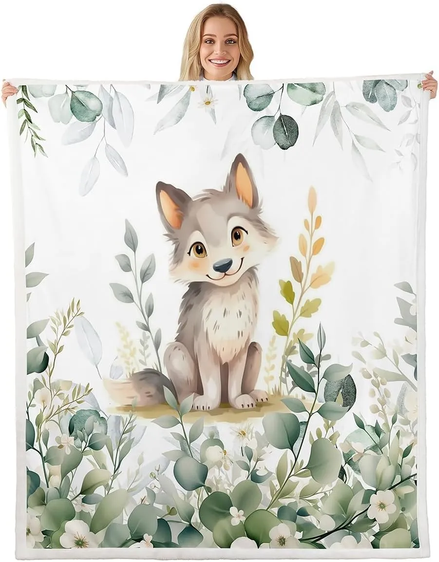 Erosebridal Kawaii Wolf Fleece Blanket for Boys Girls Cartoon Animal Sherpa Blanket, Eucalyptus Leaves Blanket Jungle Wildlife Throw Blanket for Sofa, Tropical Botanical Plants Flannel Blanket