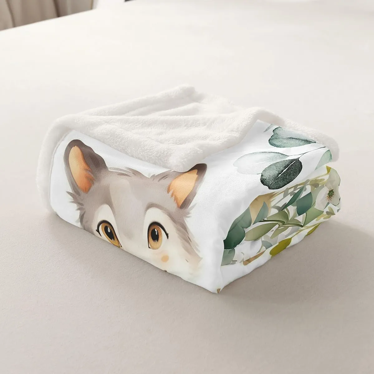 Erosebridal Kawaii Wolf Fleece Blanket for Boys Girls Cartoon Animal Sherpa Blanket, Eucalyptus Leaves Blanket Jungle Wildlife Throw Blanket for Sofa, Tropical Botanical Plants Flannel Blanket