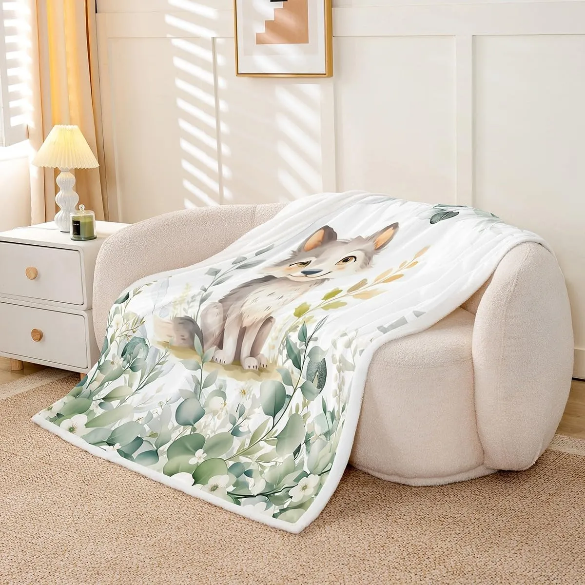 Erosebridal Kawaii Wolf Fleece Blanket for Boys Girls Cartoon Animal Sherpa Blanket, Eucalyptus Leaves Blanket Jungle Wildlife Throw Blanket for Sofa, Tropical Botanical Plants Flannel Blanket