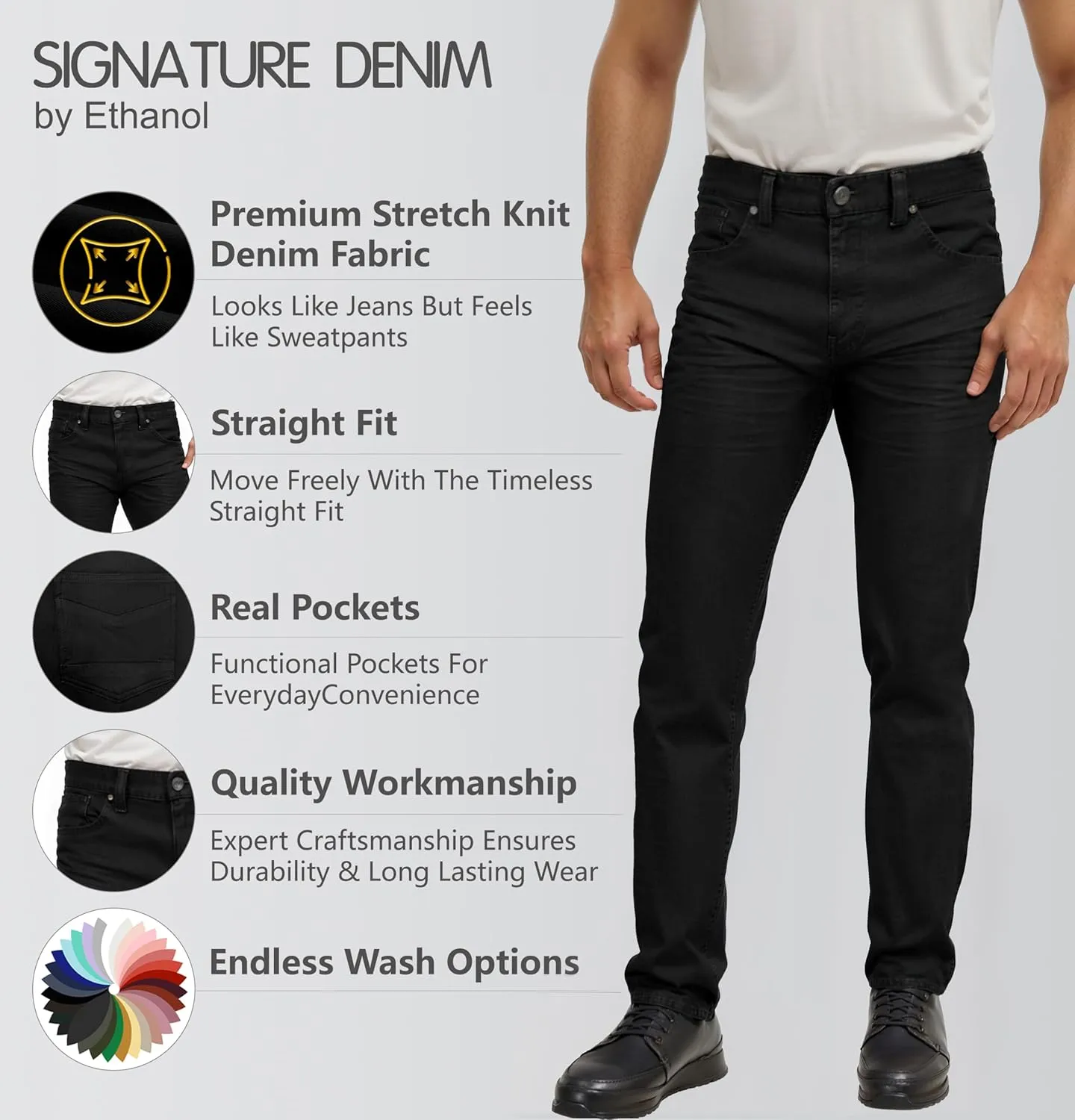 ETHANOL Mens Super Comfy Straight Stretch Knit Jersey Denim Five Pocket Jean