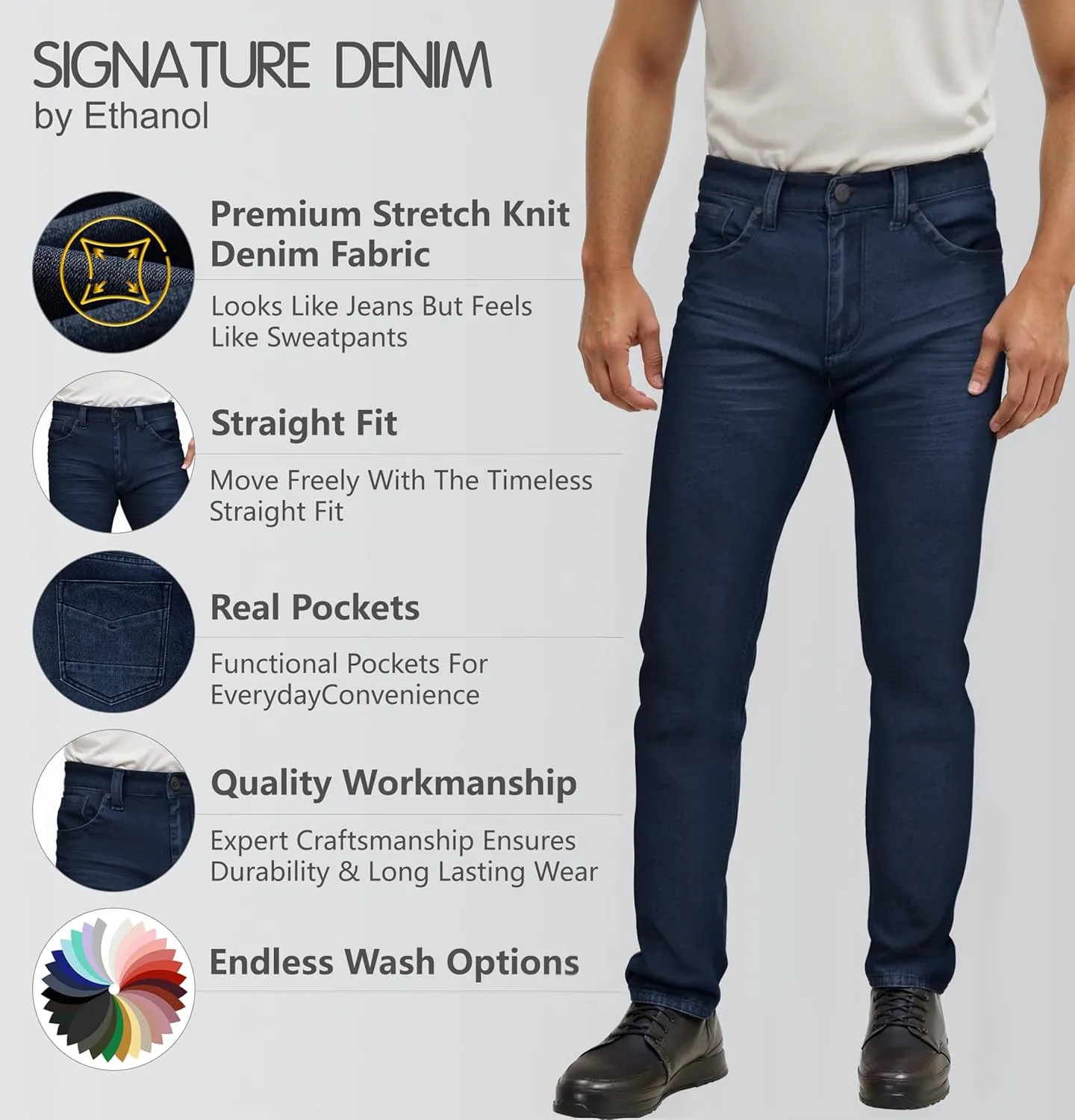 ETHANOL Mens Super Comfy Straight Stretch Knit Jersey Denim Five Pocket Jean