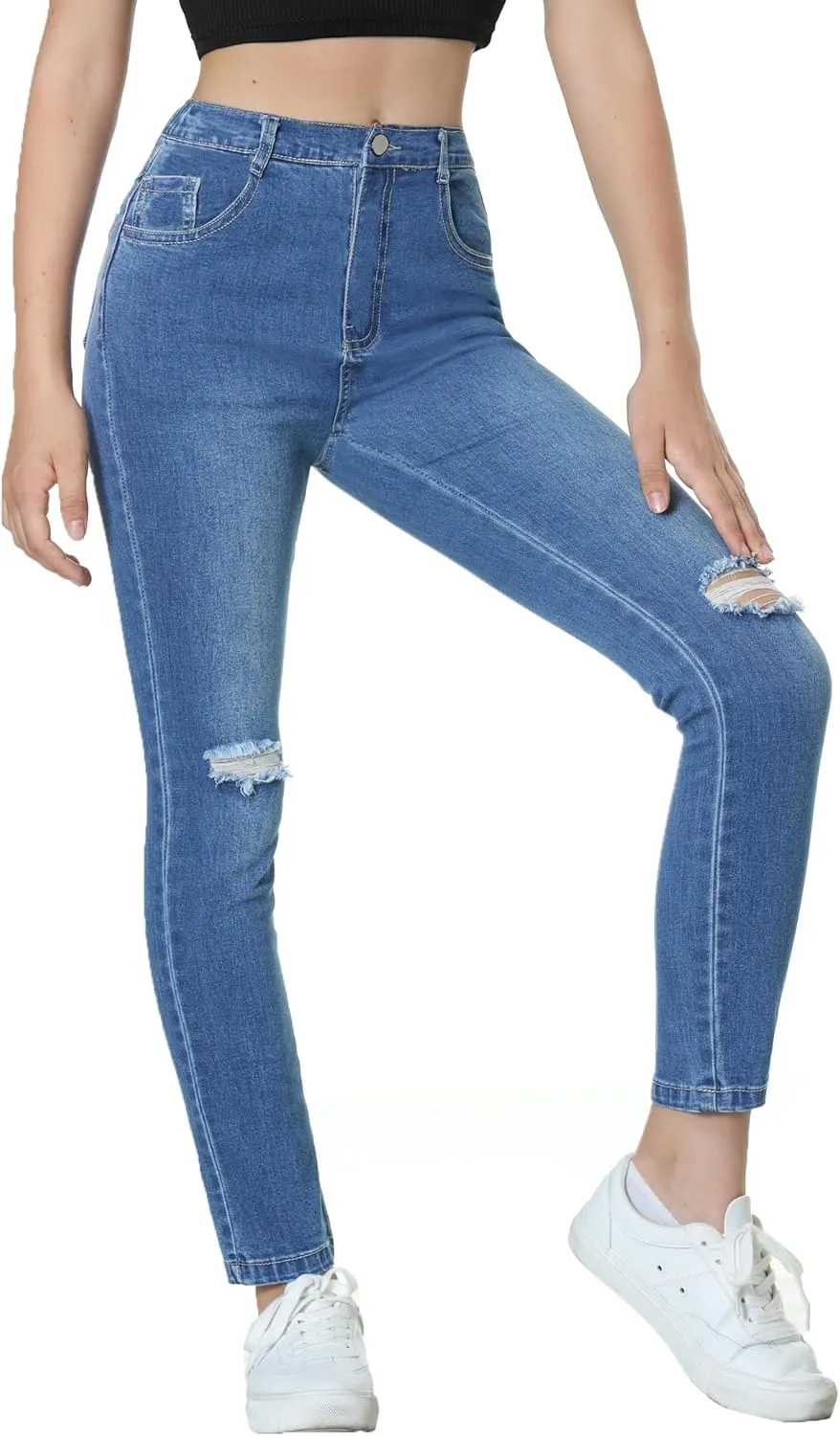EXARUS Girls Jeans Pants Wide Leg/Flare/Skinny Denim Pant Ripped High Waist Elastic Band Casual with Pockets Kids 6-14Y