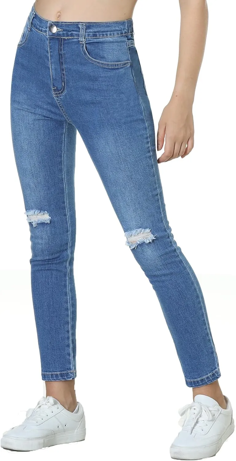 EXARUS Girls Jeans Pants Wide Leg/Flare/Skinny Denim Pant Ripped High Waist Elastic Band Casual with Pockets Kids 6-14Y