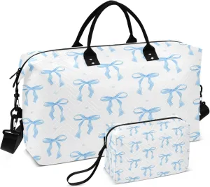 Exnundod Blue Ribbon Bow Watercolor Travel Duffel Bags for Women Sports Gym Bag Weekender Carry On Tote Overnight Luggage Duffle Bags