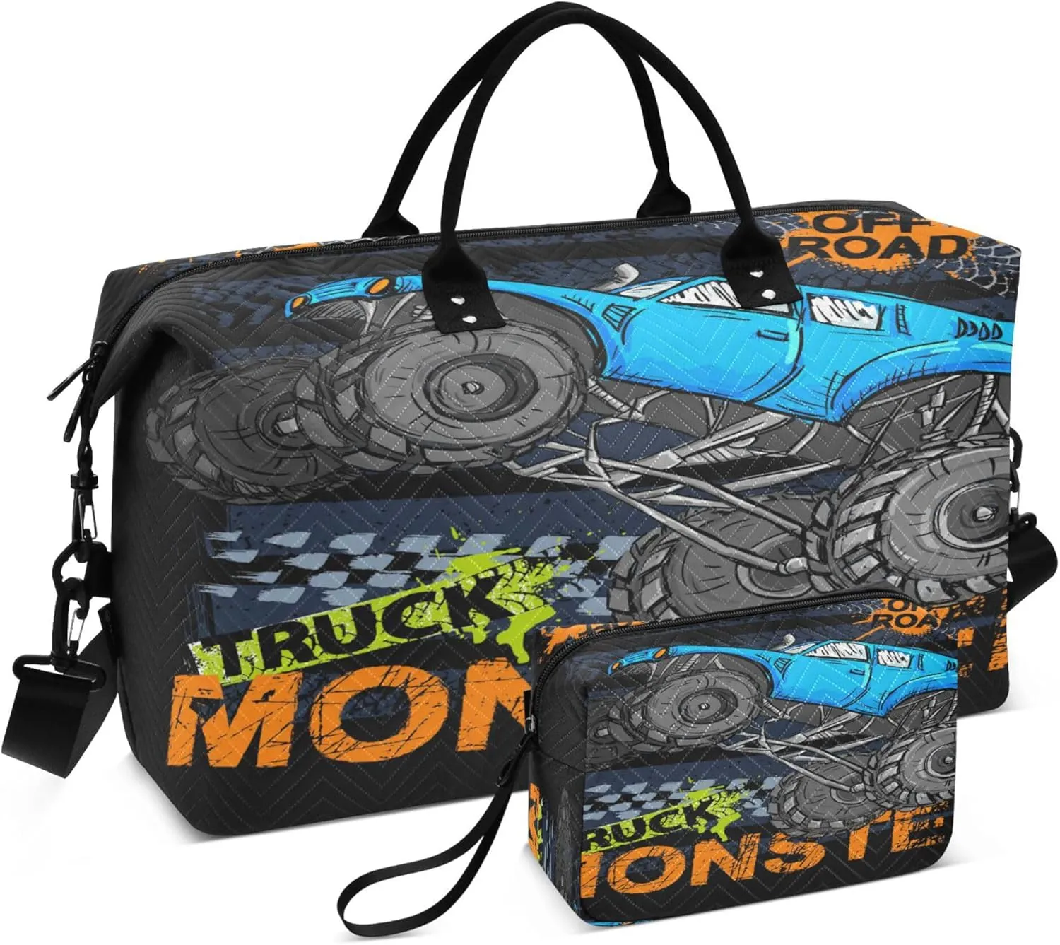 Exnundod Cartoon Monster Truck Travel Duffel Bags for Women Blue Big Off Road Sports Gym Bag Weekender Carry On Tote Overnight Luggage Duffle Bags