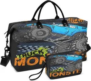 Exnundod Cartoon Monster Truck Travel Duffel Bags for Women Blue Big Off Road Sports Gym Bag Weekender Carry On Tote Overnight Luggage Duffle Bags