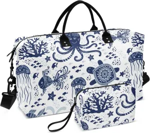 Exnundod Cute Jellyfish Octopus Women Weekender Bags Sea Animals Gym Bags Carry On Overnight Duffle Large Duffle Tote Hospital Bag for Business Trip Yoga