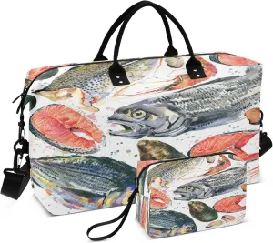Exnundod Sea Fish Travel Duffel Bags for Women Watercolor Sports Gym Bag Weekender Carry On Tote Overnight Luggage Duffle Bags