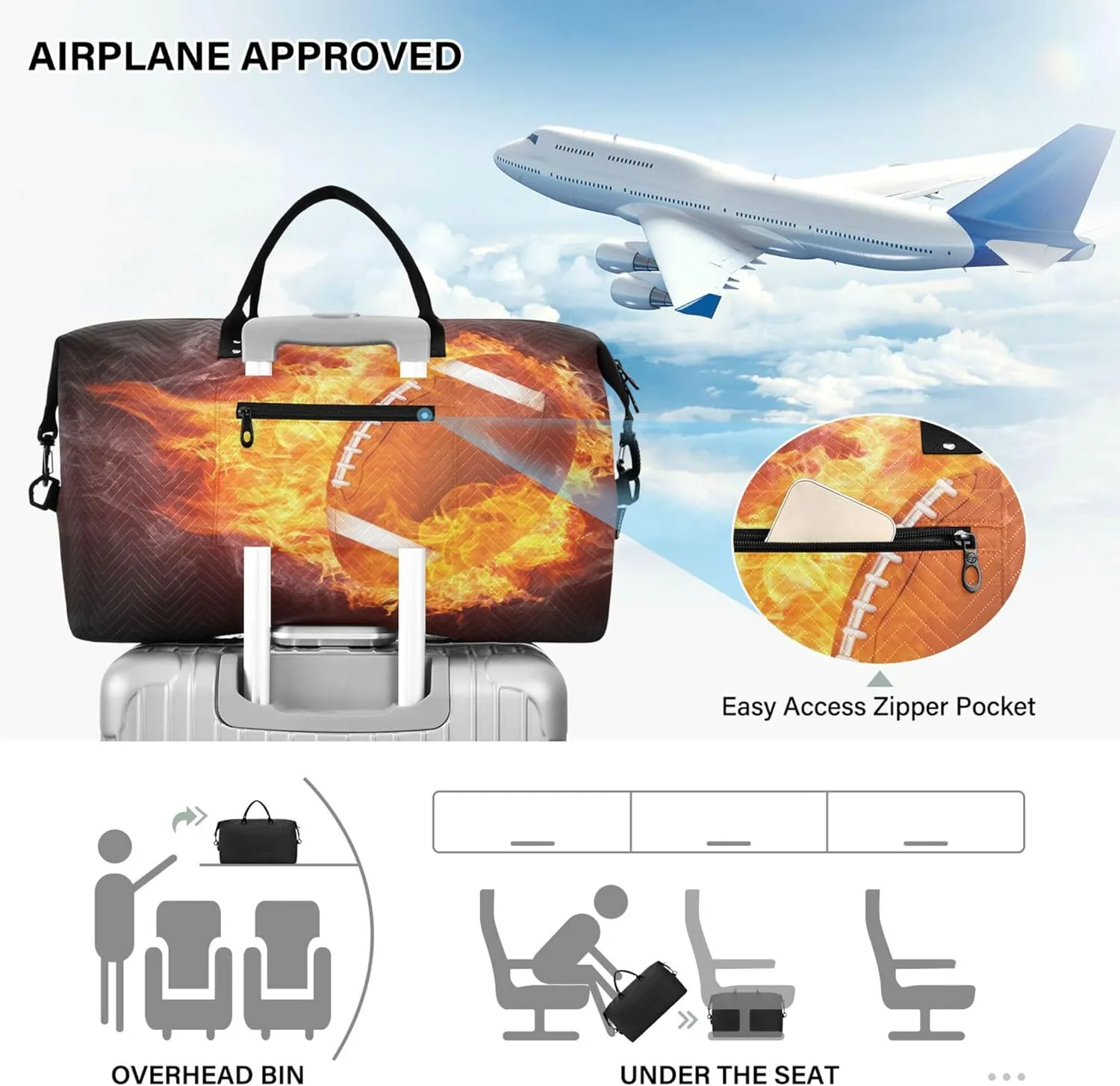 Exnundod Women Weekender Bags Burning Football Ball Travel Duffel Bags Carry On Overnight Bag Fire Flame Rugby Large Hospital Tote Luggage
