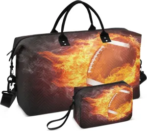 Exnundod Women Weekender Bags Burning Football Ball Travel Duffel Bags Carry On Overnight Bag Fire Flame Rugby Large Hospital Tote Luggage