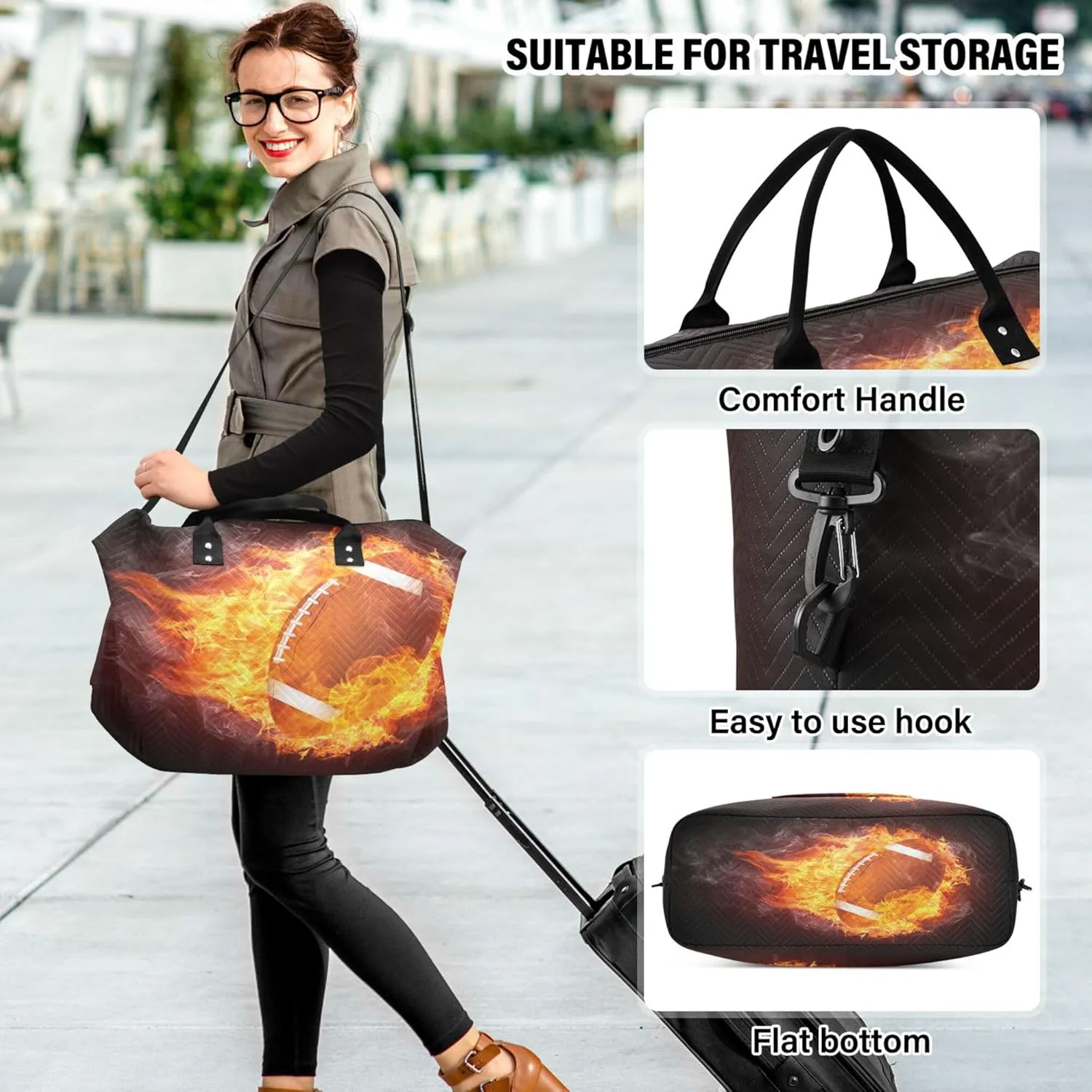 Exnundod Women Weekender Bags Burning Football Ball Travel Duffel Bags Carry On Overnight Bag Fire Flame Rugby Large Hospital Tote Luggage