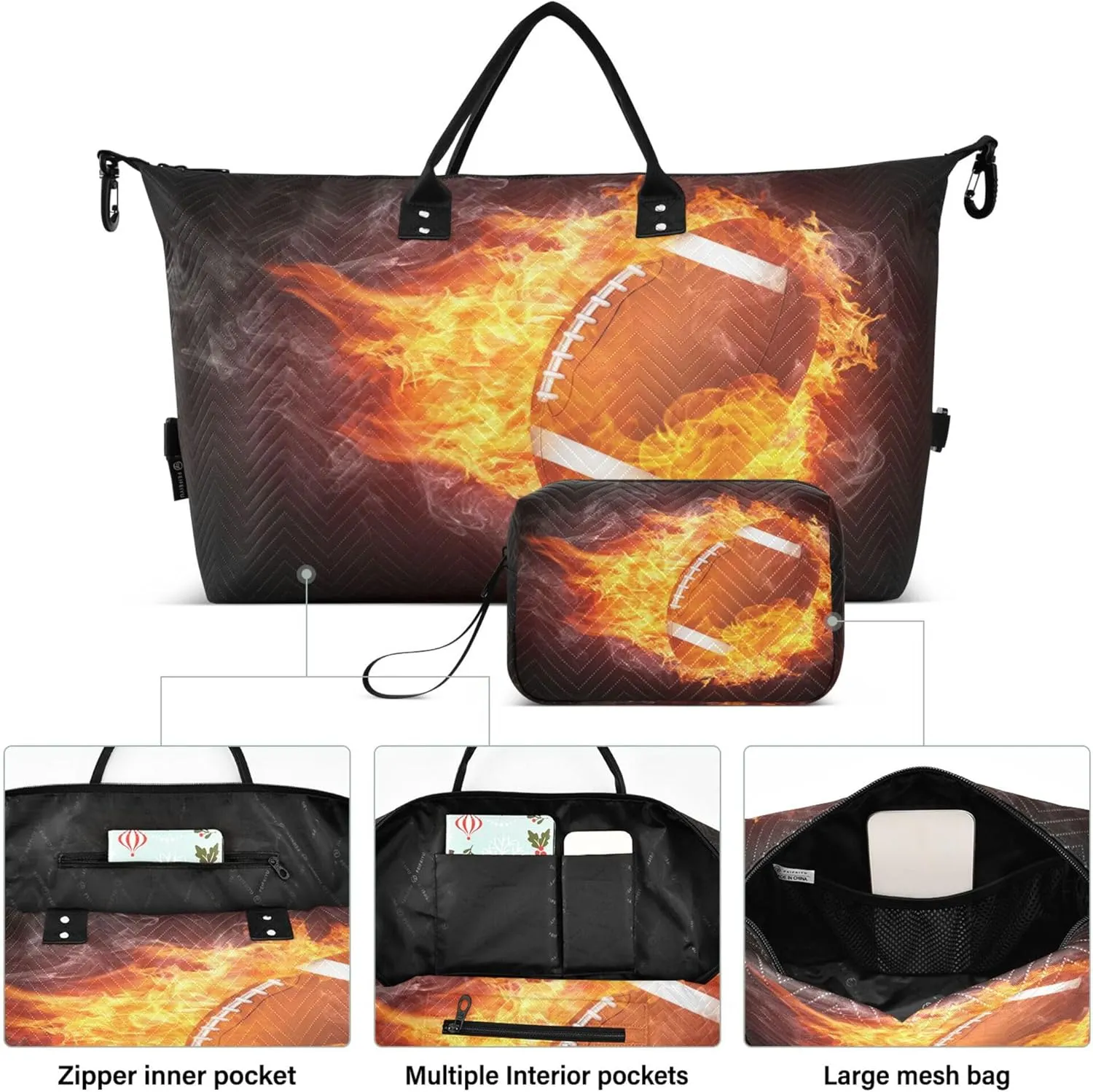 Exnundod Women Weekender Bags Burning Football Ball Travel Duffel Bags Carry On Overnight Bag Fire Flame Rugby Large Hospital Tote Luggage