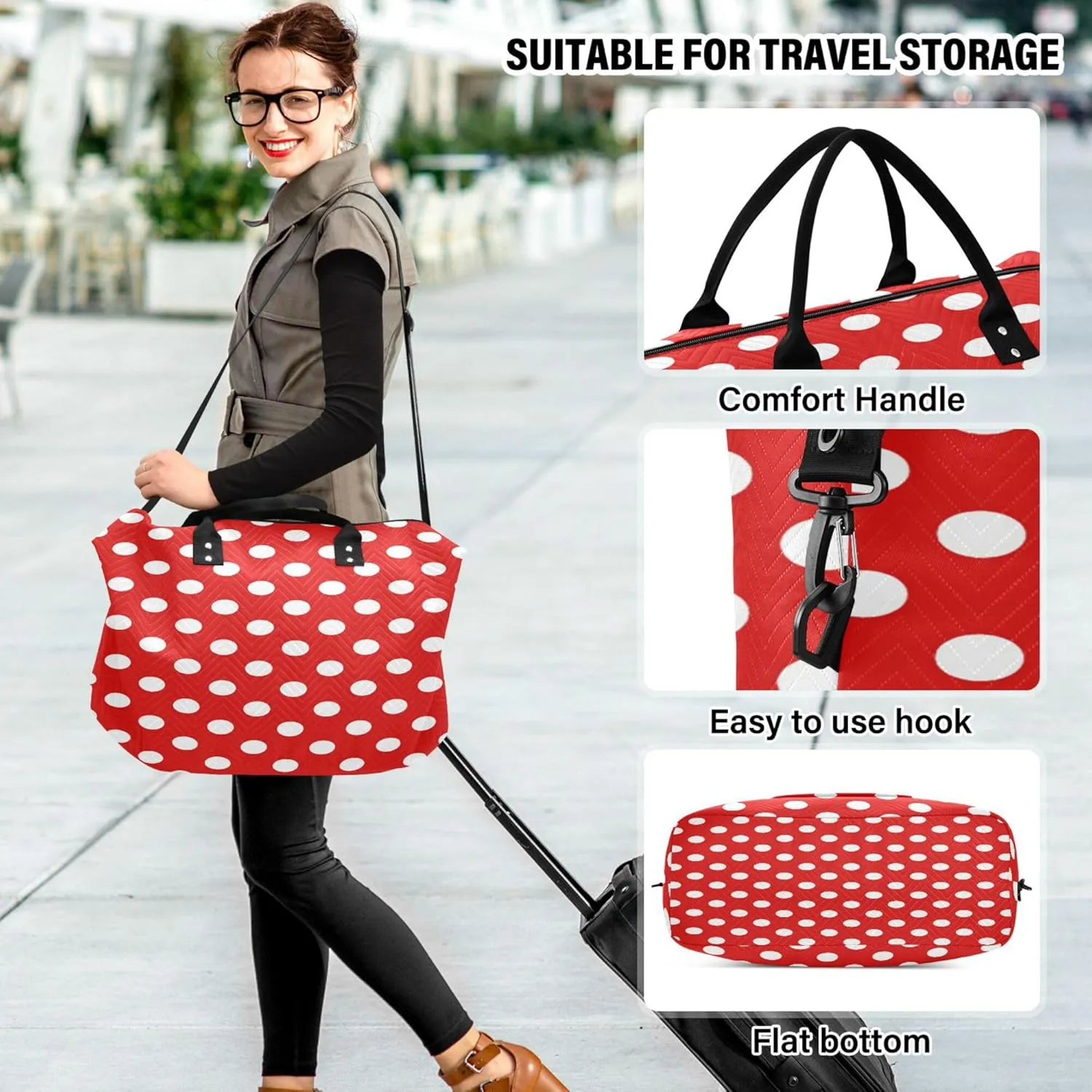 Exnundod Women Weekender Bags Classic Polk Dots Red Travel Duffel Bags Carry On Overnight Bag Large Hospital Tote Luggage