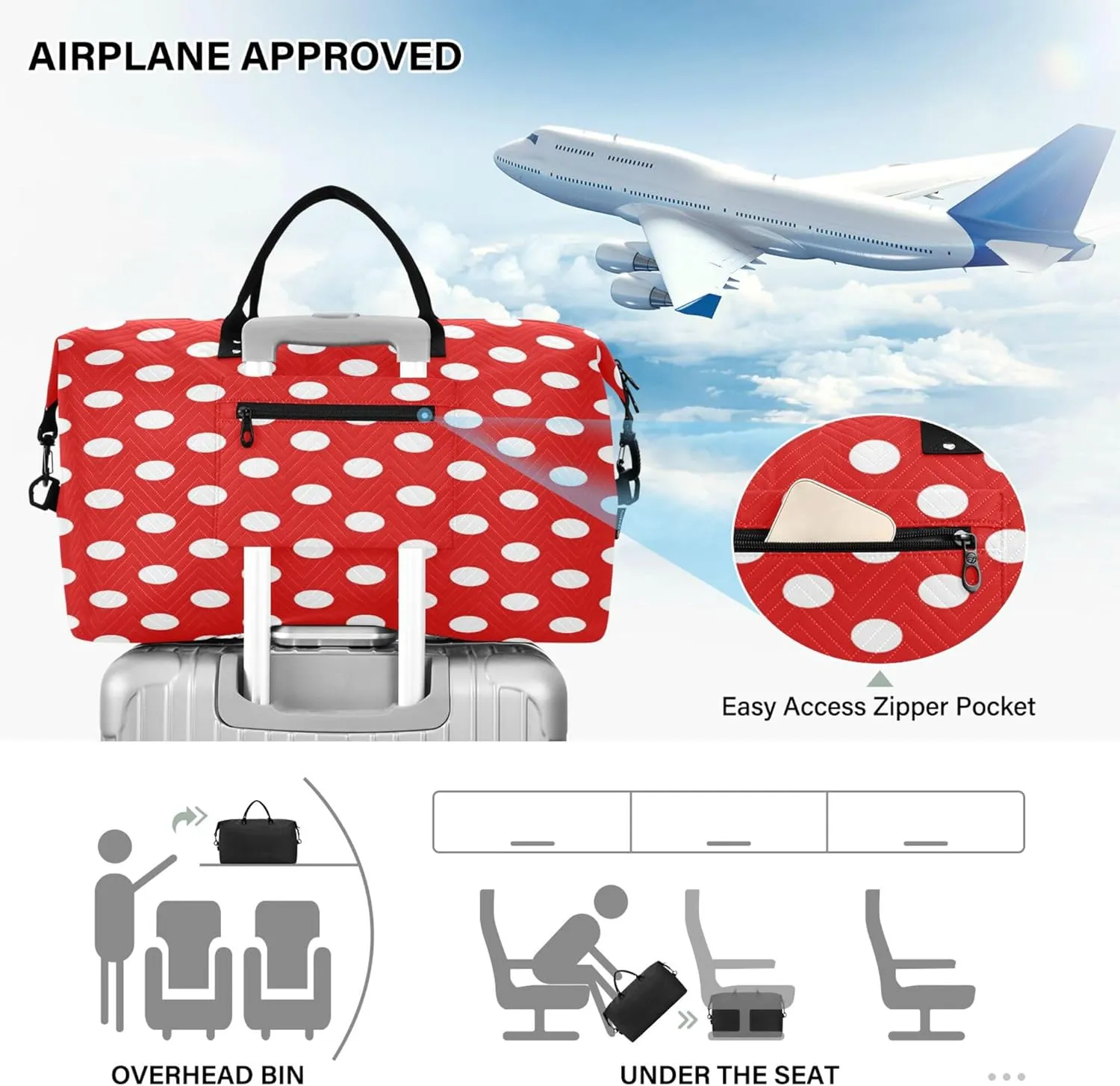 Exnundod Women Weekender Bags Classic Polk Dots Red Travel Duffel Bags Carry On Overnight Bag Large Hospital Tote Luggage