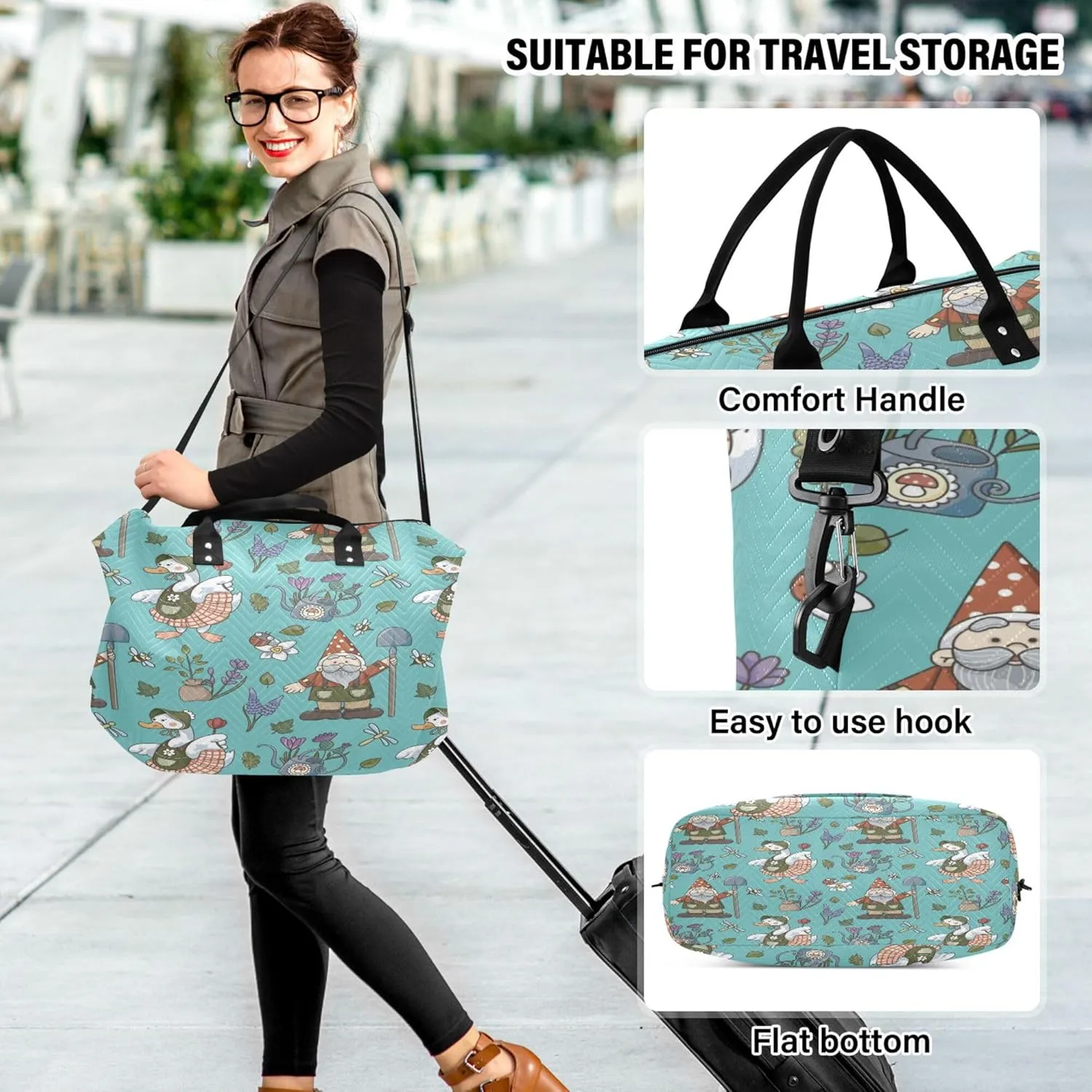 Exnundod Women Weekender Bags Funny Garden Gnome Duck Travel Duffel Bags Carry On Overnight Bag Flower Large Hospital Tote Luggage