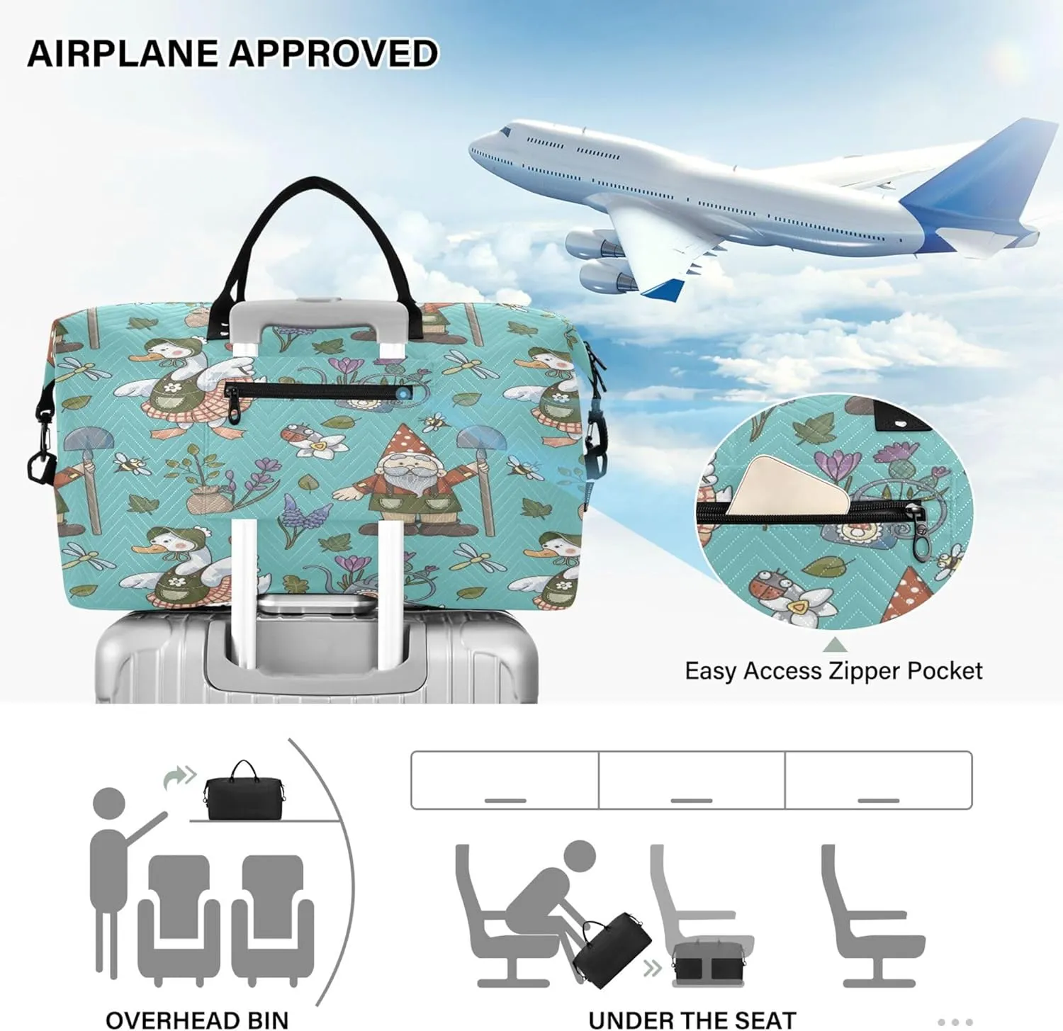Exnundod Women Weekender Bags Funny Garden Gnome Duck Travel Duffel Bags Carry On Overnight Bag Flower Large Hospital Tote Luggage