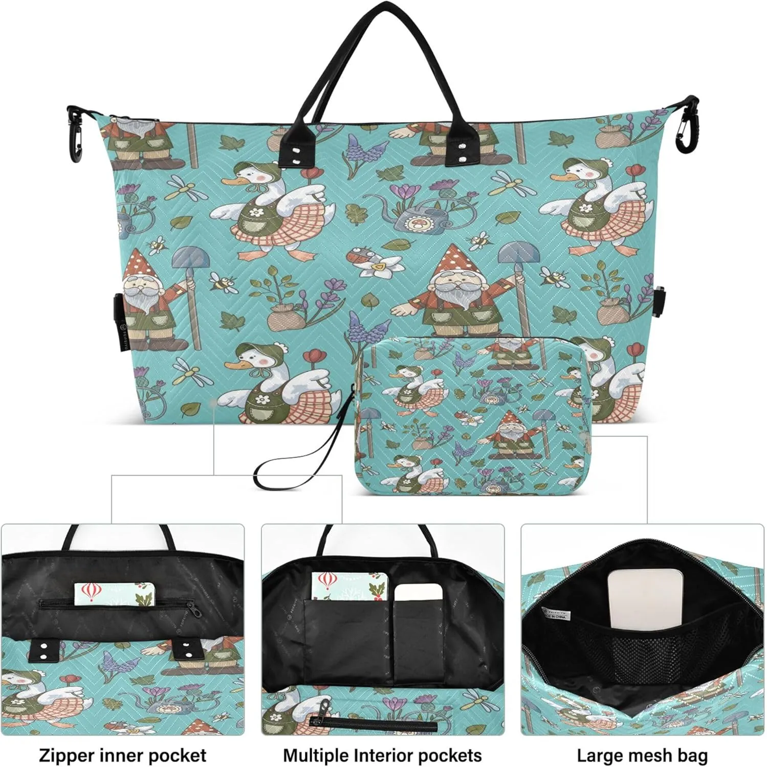 Exnundod Women Weekender Bags Funny Garden Gnome Duck Travel Duffel Bags Carry On Overnight Bag Flower Large Hospital Tote Luggage