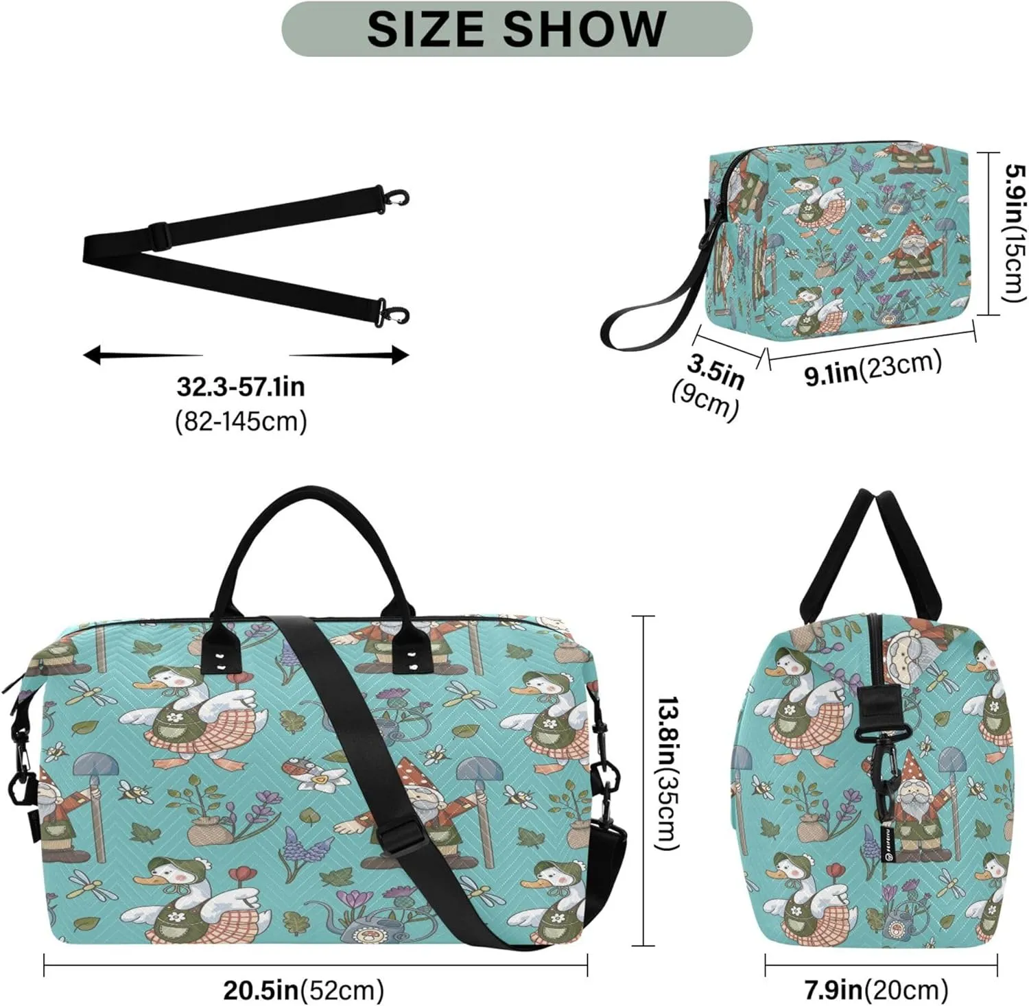 Exnundod Women Weekender Bags Funny Garden Gnome Duck Travel Duffel Bags Carry On Overnight Bag Flower Large Hospital Tote Luggage