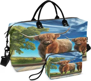Exnundod Women Weekender Bags Summer Highland Cow Travel Duffel Bags Carry On Overnight Bag Blue Sky Large Hospital Tote Luggage