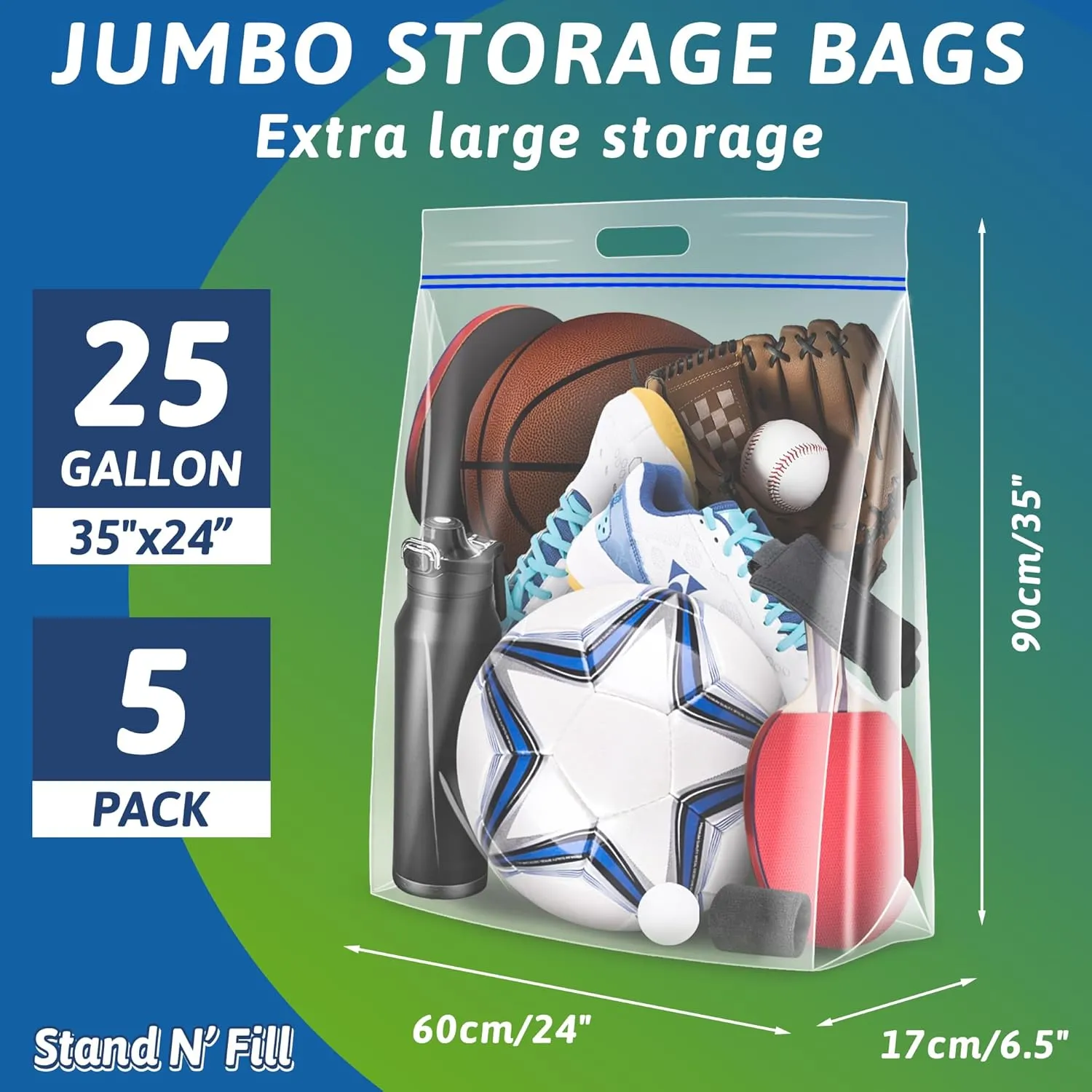Extra Large 25 Gallon Storage Bags - 35” x 24” with Resealable Zip and Carry Handle, Ideal for Clothes, Pillows, Moving and Travel, Set of 5