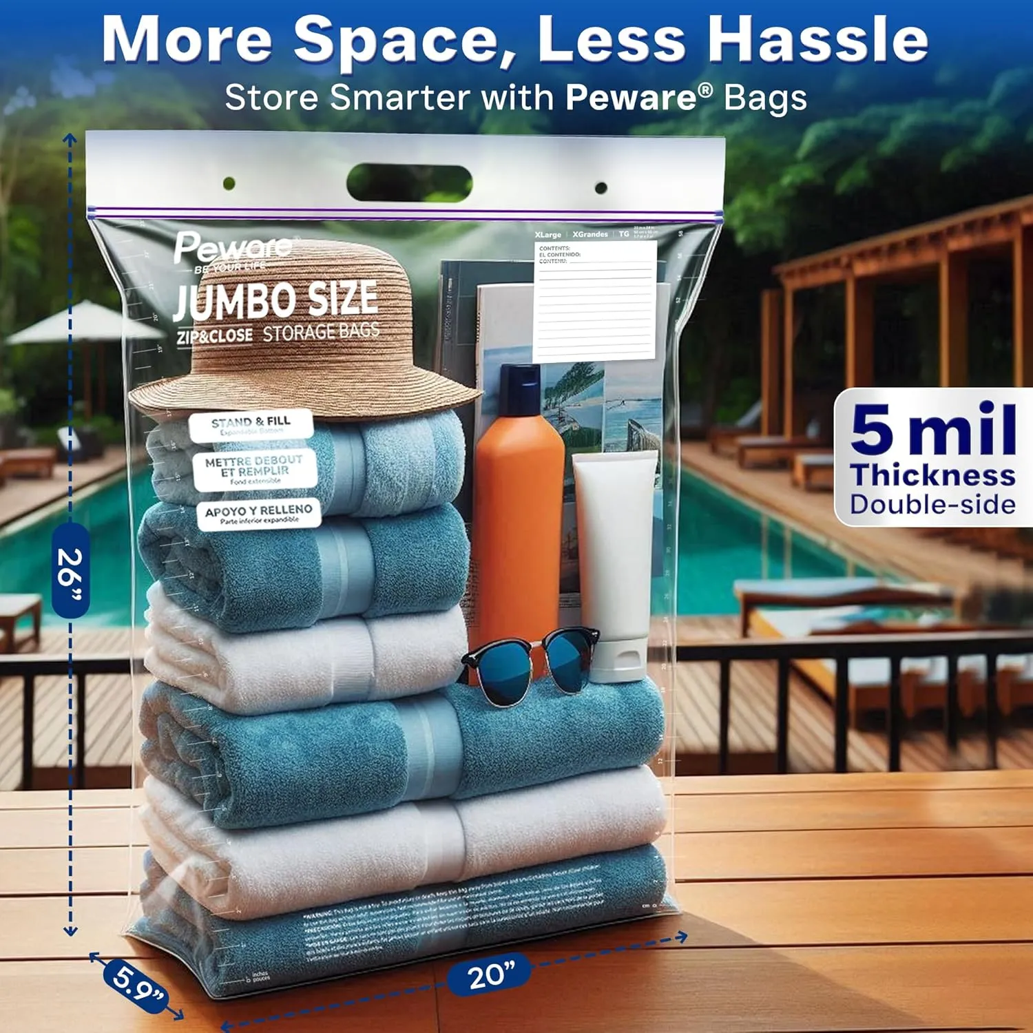 Extra Large Storage Bags with Zipper Seal, Jumbo XL Resealable Plastic Bags, 10 Gallon for Clothes, Food, Bedding, or Travel, 20"x26" [5 Pack]