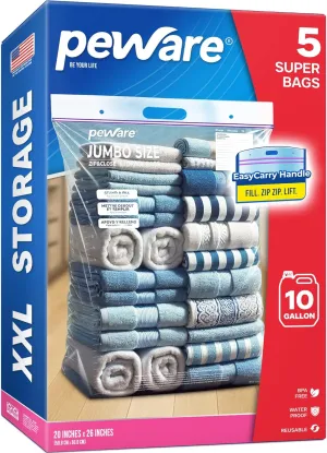 Extra Large Storage Bags with Zipper Seal, Jumbo XL Resealable Plastic Bags, 10 Gallon for Clothes, Food, Bedding, or Travel, 20"x26" [5 Pack]