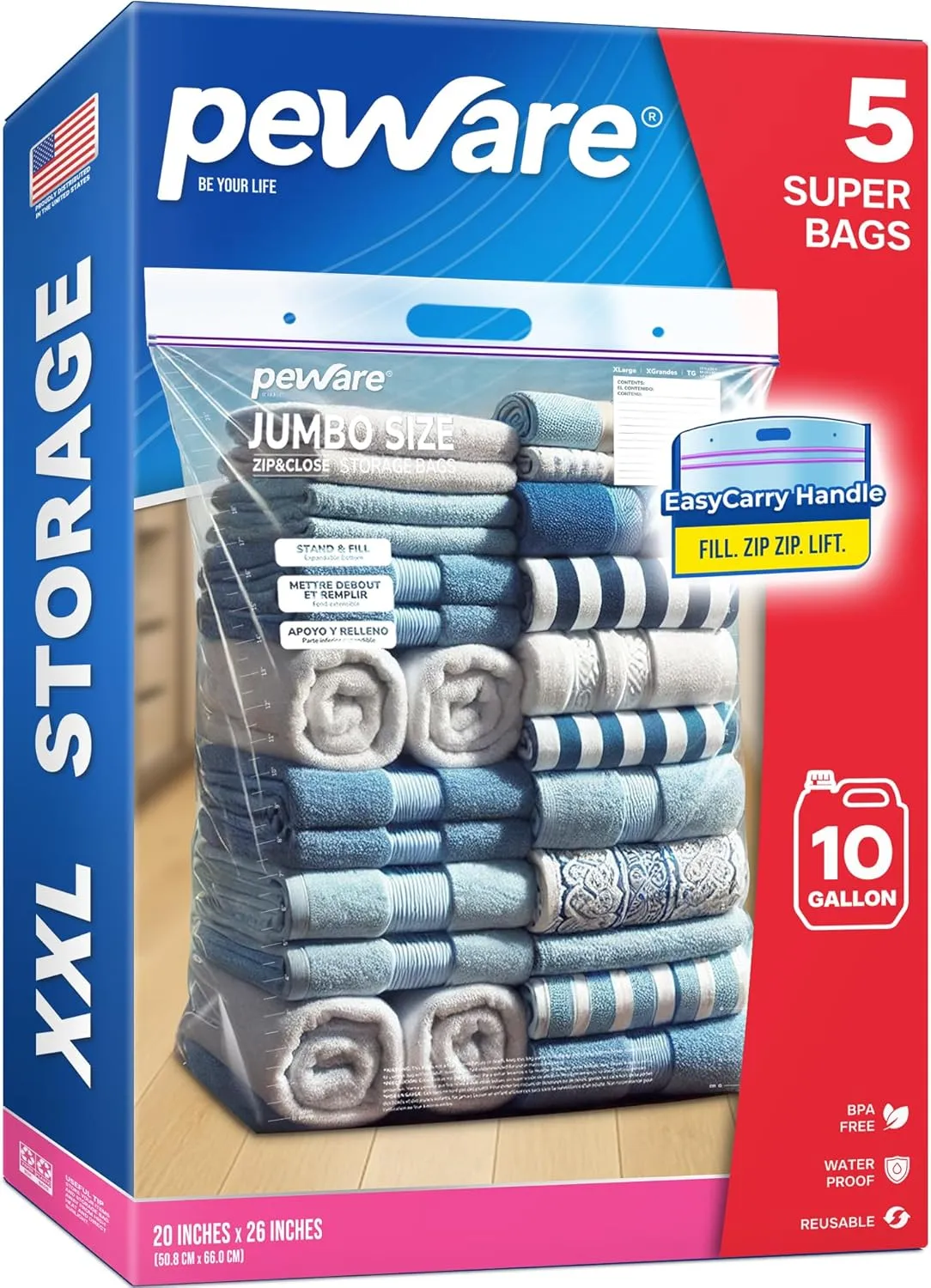 Extra Large Storage Bags with Zipper Seal, Jumbo XL Resealable Plastic Bags, 10 Gallon for Clothes, Food, Bedding, or Travel, 20"x26" [5 Pack]