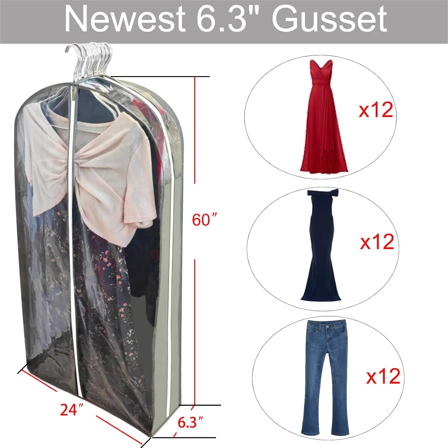 Extra Long Dress Bags for Gowns with 6.3" Gusset, 60" Clear Garment Bags for Hanging Clothes, Dresses Covers and Side Zipper Protector for Storage Clothing, Closet and Travel 3 Packs
